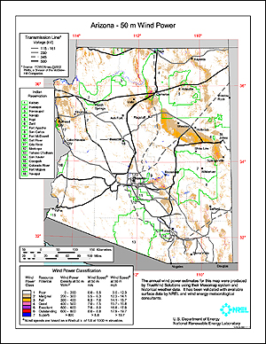 This map of Arizona shows the wind resource at 50 meters. Click on the image to view a larger version.