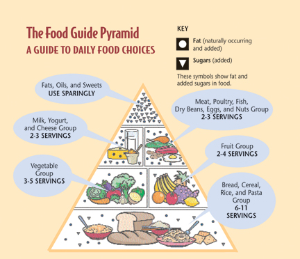 Graphic of the Food Pyramid, along with recommended servings. The text version appears below the graphic.