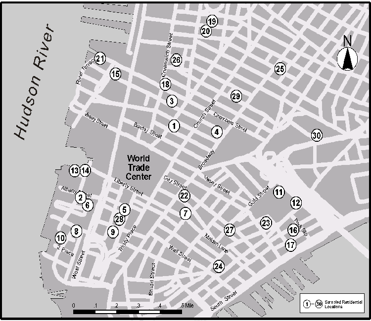 Map of residential air and dust sampling locations in lower Manhattan.