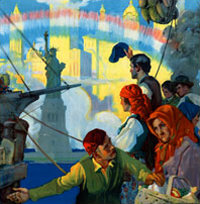 A portion of a 1917 poster, "Food Will Win the War," published by the United States Food Administration, which appeals in Yiddish to the patriotic spirit and gratitude of the new arrivals to America