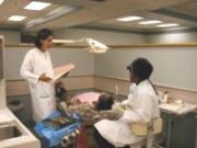 Photo of 2 dental health professionals in a dental clinic treating a patient lying in a dental chair