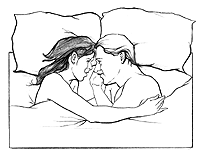 Illustration of a man and woman in bed.