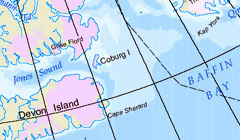 North America map showing Glaciers and Bathymetry near Baffin Bay