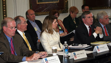 Participating in the square table discussion at the Senior Policy Official meeting Feb. 21 are from left, Clay Johnson, III (OMB), John L. Nau, III (ACHP), Cherie Harder (White House), John Fowler (ACHP), and David Winstead (GSA).