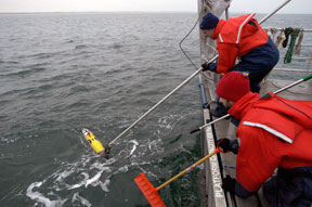 Researchers on board ship retrieve the REMUS from the ocean.