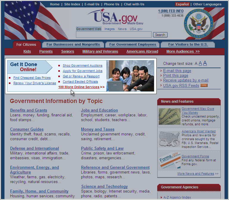 USA.gov homepage highlighting the Get It Done Online box