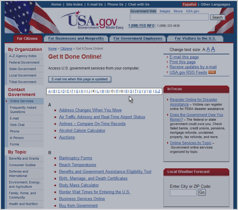 Get It Done Online page highlighting the alphabetical list of tasks
