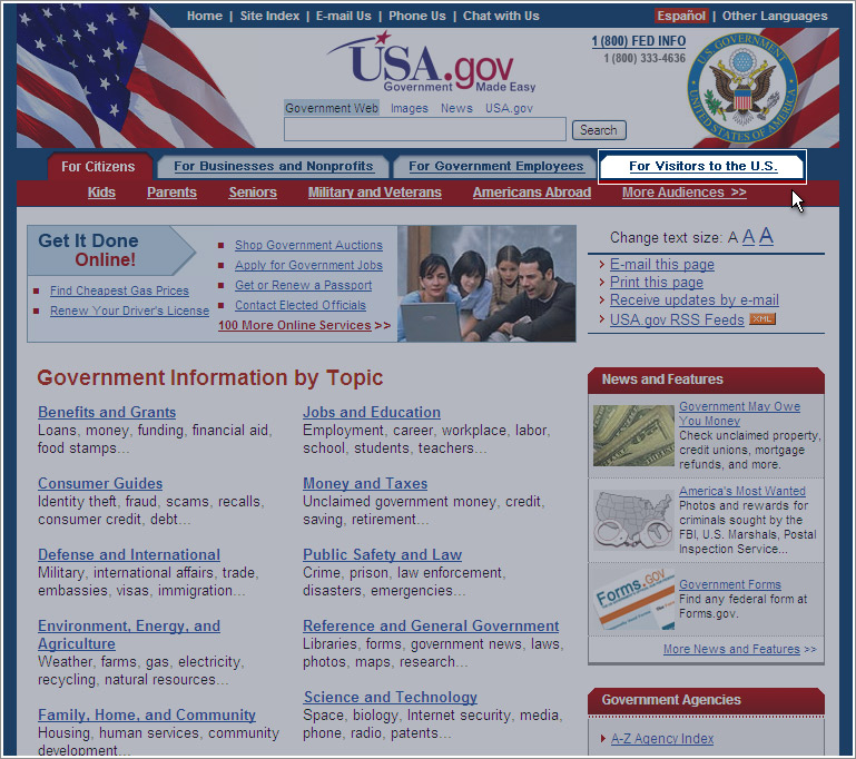 USA.gov homepage highlighting the For Visitors to the U.S. tab