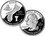 Depicts the outline of the island, a flying proa (a seagoing craft built by the Chamorro people), a latte stone (an architectural element used as the base of homes) and the inscriptions, GUAM and Guahan I Tanó ManChamorro, which means "Guam - Land of the Chamorro."