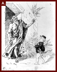 Anacreon (at his door).--Ah, you young rascal, I see through your disguise! You're the same little chap who shot me some days ago." Cupid (as a messenger-boy).--Maybe this letter will heal your wound. I believe the lady says she "will be a sister to you." Bye-bye