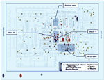 Figure 2. Floor map of the Trenton Postal Distribution Center in Hamilton Township with locations of environmental samples taken October–November, 2001, and work stations of New Jersey case-patients...