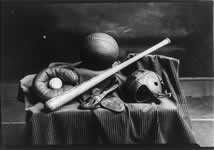 Athletic equipment. Bat, baseball, mitt, basketball, helmet, and spiked shoes. National Photo Co. 1941