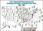 US map showing number of tornadoes and deaths by state per year