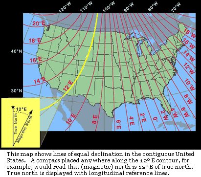 This map shows lines of equal declination in the contiguous United States. A compass placed anywhere along the 12° E contour, for example, would read that (magnetic) north is 12° E of true north. True north is displayed with longitudinal reference lines.