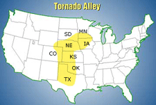 United States map showing Tornado Alley