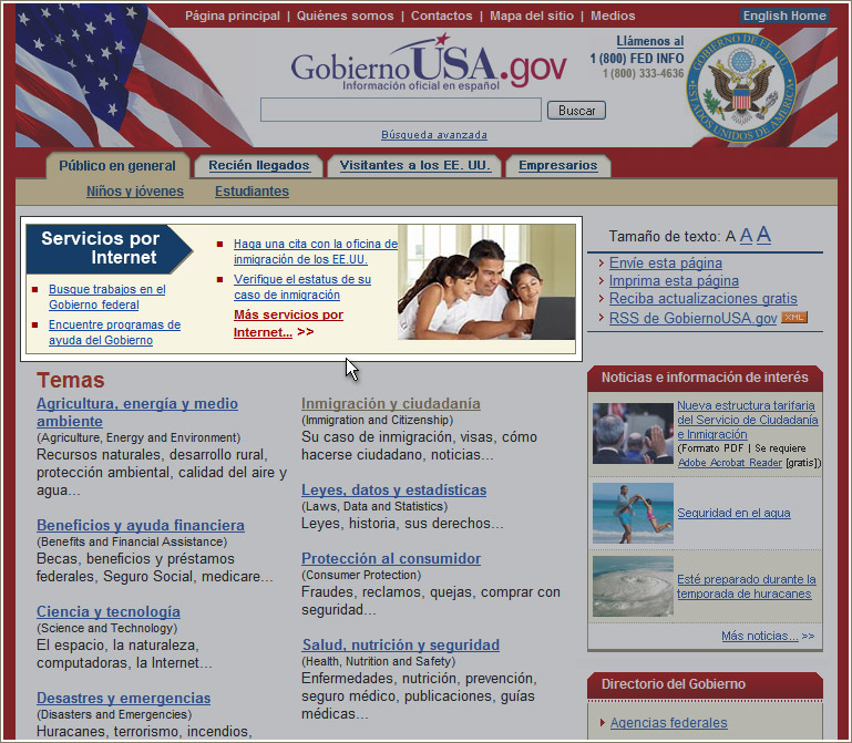 Página principal de GobiernoUSA.gov señalando la sección Servicios por Internet.