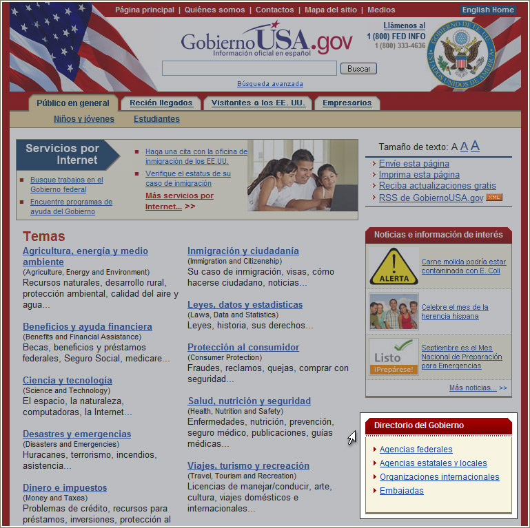 Página principal de GobiernoUSA.gov señalando la sección Directorio del Gobierno.