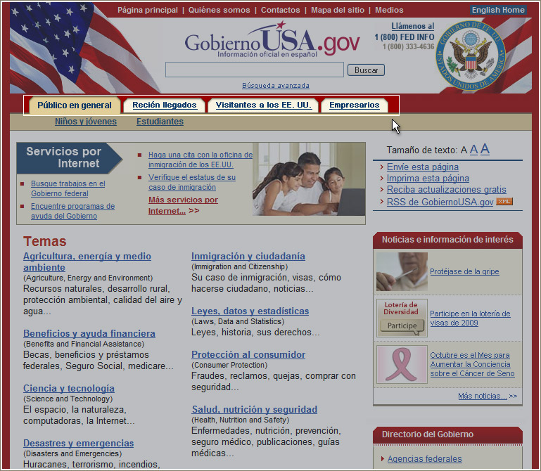 Página principal de GobiernoUSA.gov señalando las cuatro secciones para diferentes audiencias.