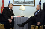 Defense Secretary Donald H. Rumsfeld does a television interview with Mikhail Gusman, deputy director of ITAR-TASS, while in St. Petersburg, Russia, Aug. 14, 2004. 