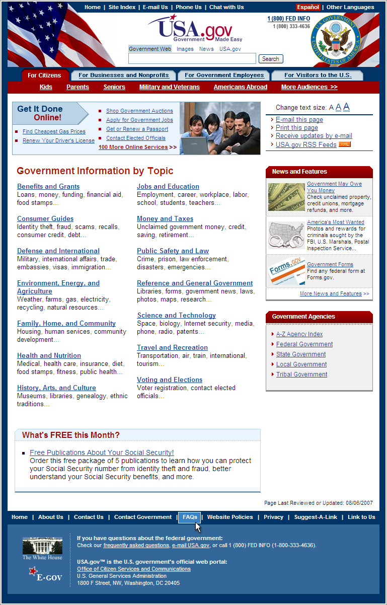 USA.gov home page highlighting the FAQs link in the bottom navigation