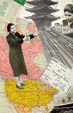 Collage depicting forced emigration from Austria to various countries in the world, including the United States, ca. 1940 (detail).