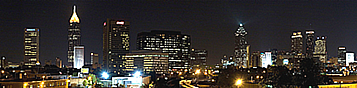 Skyline view of downtown Atlanta at night.