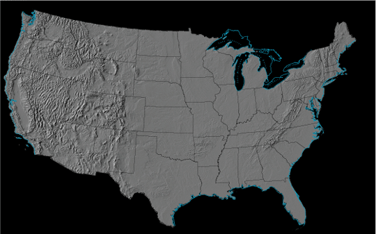 Shaded relief map of the United States showing watershed boundaries