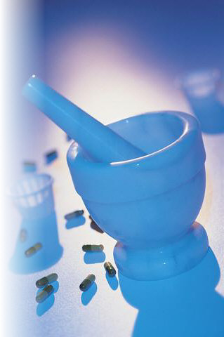 Mortar and pestle, sometimes used in preparation of dietary supplements