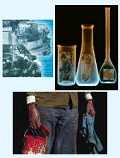 worker on machine/lab bottles/man carrying solvent