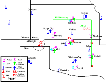 Map of Oklahoma and Kansas showing location of data collection sensors