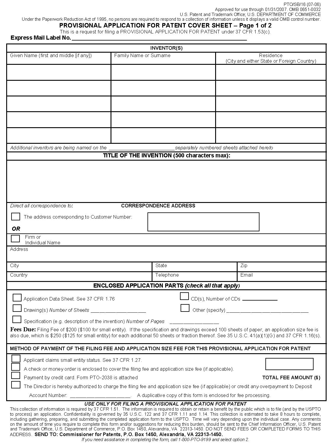 <b>Form PTO/SB/16. Provisional Application for Patent Cover Sheet</b>