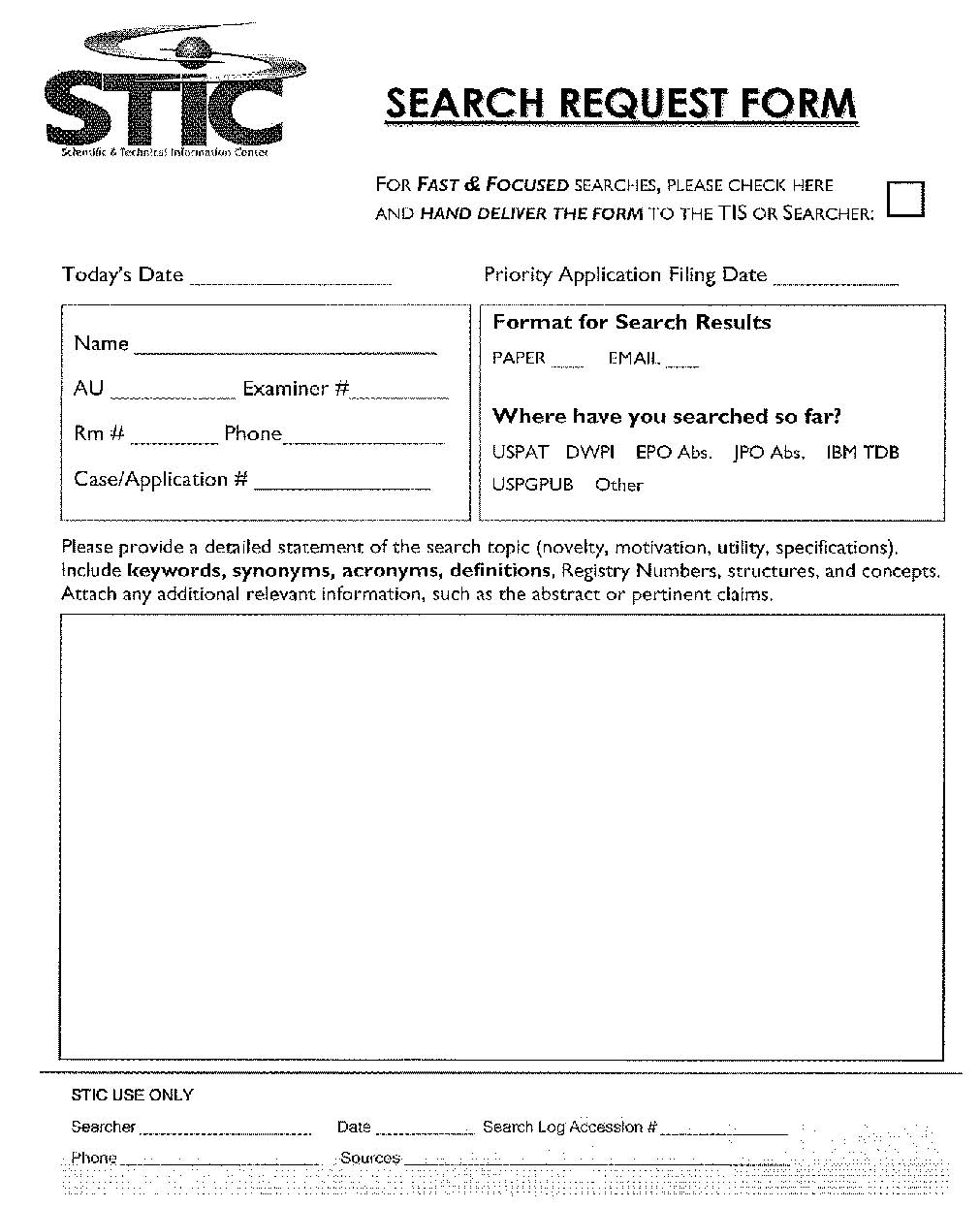 form pto 1590. search request form