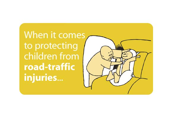 Illustration of a father buckling a child into a car seat. The text reads 