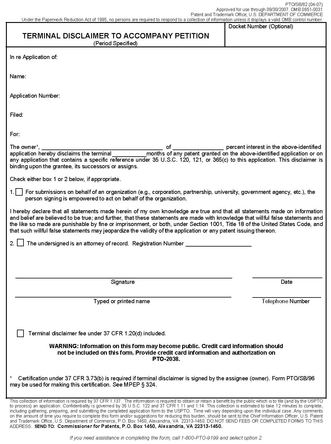 form pto/sb/62. terminal disclaimer to accompany petition (period specified)