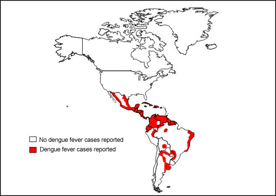Areas of dengue fever cases reported in 2005, Western Hemisphere