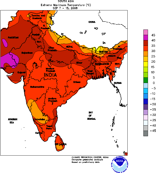 south asia weekly maximum temperature