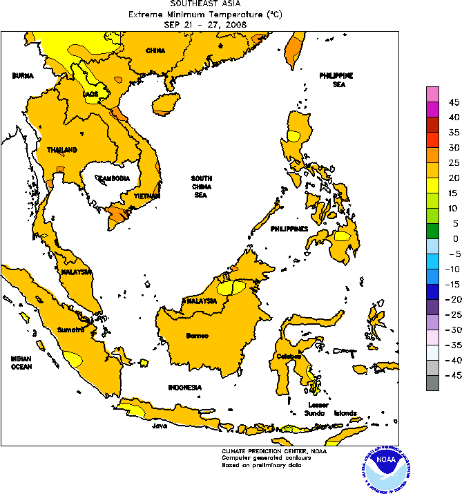 southeast asia weekly minimum temperature