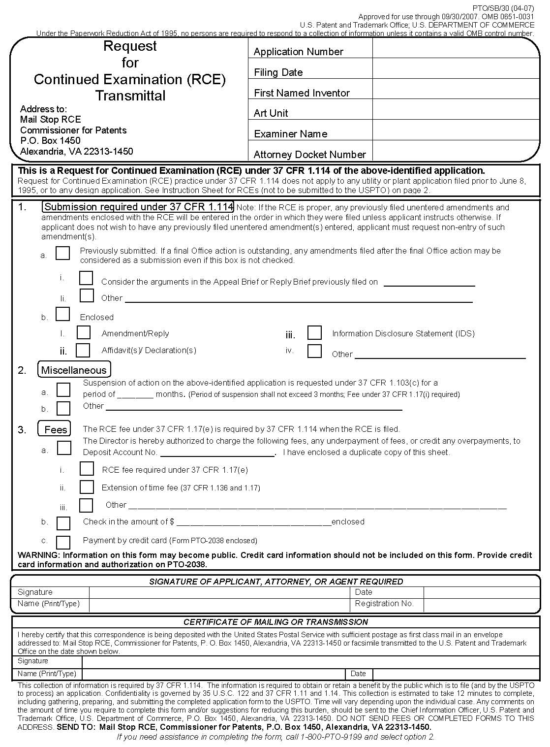 form pto/sb/30. request for continued examination (rce) transmittal