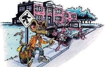 Cartoon of a scared mouse and cockroaches carrying their belongings and hitchhiking in front of a school