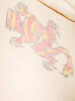 Tattoo of chameleon on her left hip
