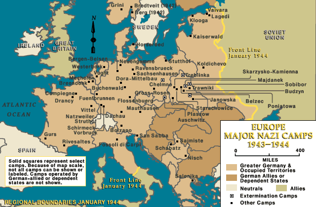 A map of the major Nazi camps in Europe, 1943-1944.