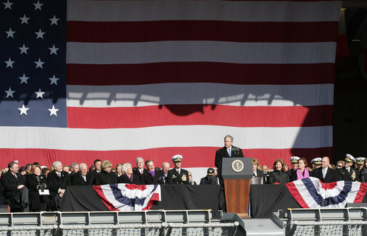 President George W. Bush addresses his remarks in honor of his father, former President George H. W. Bush, at the commissioning ceremony of the USS George H. W. Bush (CVN 77) aircraft carrier Saturday, Jan 10, 2009 in Norfolk, Va. White House photo by Joyce N. Boghosian