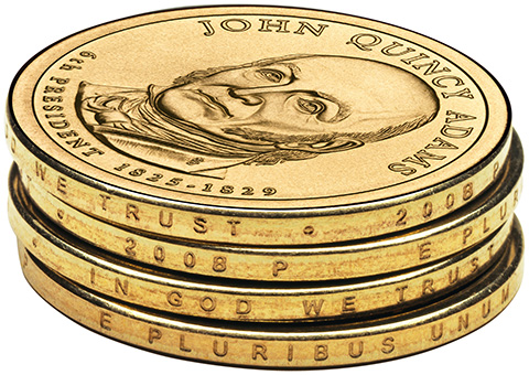 Three stacked Presidential $1 coins showing the complete edge incusion: E Pluribus Unum, In God We Trust, 2008, and P