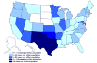 Incidence of cases of infection with the outbreak strain of Salmonella Saintpaul, United States, by state, as of August 25, 2008, 9PM EDT