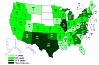 Cases infected with the outbreak strain of Salmonella Saintpaul, United States, by state, as of August 25, 2008, 9pm EDT