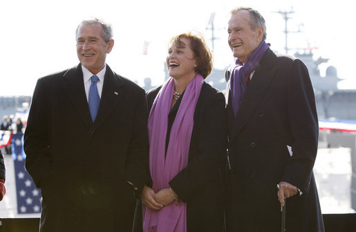 President George W. Bush stands with his sister, Doro Bush Koch, and their father, former President George H. W. Bush at the commissioning ceremony of the USS George H. W. Bush (CVN 77) aircraft carrier Saturday, Jan 10, 2009 in Norfolk, Va. White House photo by Eric Draper