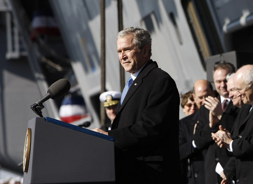 President George W. Bush addresses his remarks in honor of his father, former President George H. W. Bush, at the commissioning ceremony of the USS George H.W. Bush (CVN 77) aircraft carrier Saturday, Jan 10, 2009 in Norfolk, Va. White House photo by Eric Draper