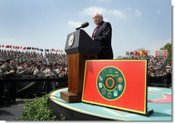 Vice President Dick Cheney delivers remarks during a rally for the troops at Fort Riley Army Base in Kansas, Tuesday, April 18, 2006. Many of the troops in attendance were part of the 3rd Brigade Combat Team who recently returned from Iraq. While deployed in Iraq, the 3rd Brigade Combat Team conducted more than 22,000 patrols, 200 raids, 1,300 cordon and search missions, 6,500 traffic control points, 1,500 convoy security operations and 4,100 supply route security missions.  White House photo by David Bohrer