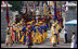 Ceremonial dancers arrive at the Blue House, the residence of President Lee Myung-bak of the Republic of Korea, for the arrival ceremonies Wednesday, Aug. 6, 2008, in Seoul for President George W. Bush and Mrs. Laura Bush.