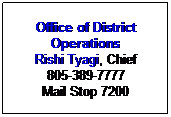 Office of District Operations
Rishi Tyagi, Chief
805-389-7775
Mail Stop 7200